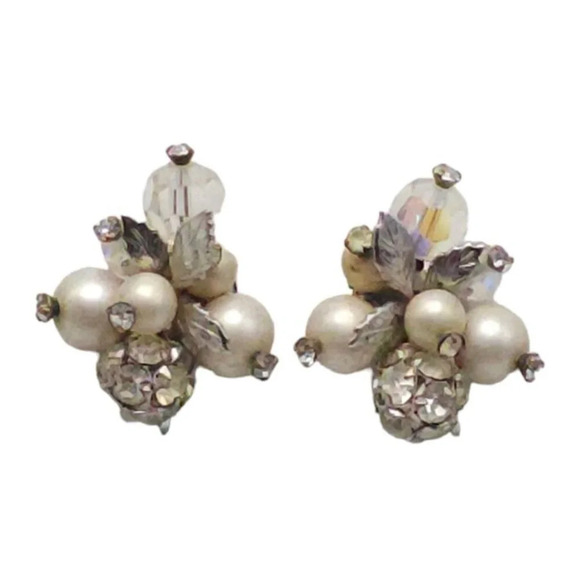 Vendome Faux Pearl Clear Rhinestone Cluster Leaf Stud Earrings Silver Tone Vinta - Picture 1 of 8